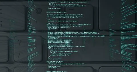 Image of green data processing over computer keyboard on grey background 写真素材