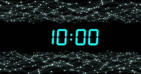 Image of green digital clock timer changing over light trails on black Illustrazione stock