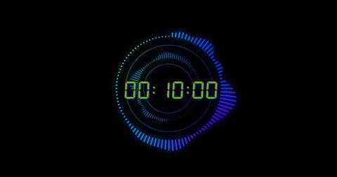 Image of green digital timer changing with blue circles on black background Stock Illustration