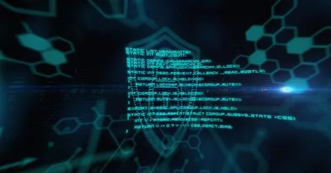 Image of green dot padlock symbol, with information and data processing on black イラスト素材