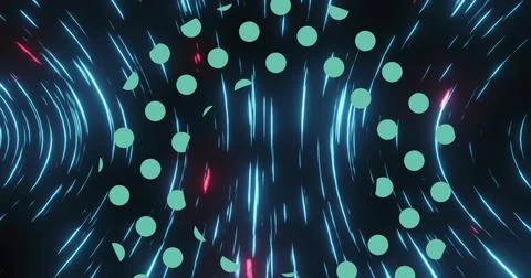 Image of green dots over black space with pink and blue lights moving fast 写真素材