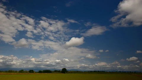 Image of green field and bright blue sky; timelapse Stock Footage 89671995