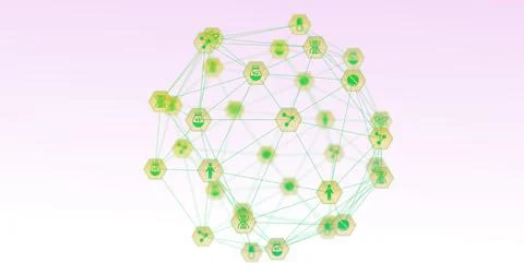 Image of green globe of network connections with pharmaceuticals icons Stock Illustration