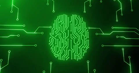 Image of green glowing human brain with computer mother board circuit over black Stock Illustration