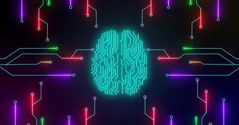 Image of green glowing human brain with computer mother board circuit over black Stock Illustration