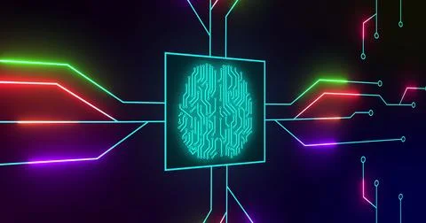 Image of green glowing human brain with computer mother board circuit over black Stock Illustration