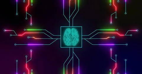 Image of green glowing human brain with computer mother board circuit over black Stock Illustration