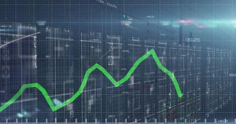Image of green graph with abstract pattern, trading board and lens flare on Stock Illustration