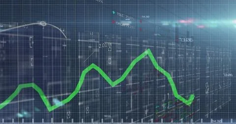 Image of green graph with abstract pattern, trading board and lens flare on.. Illustrazione stock