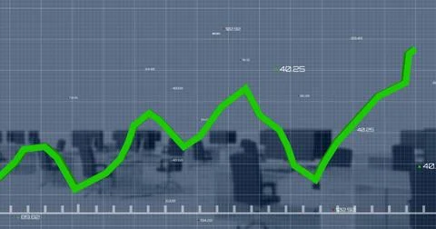 Image of green graph and data processing over computers on desks at empty office Stock Illustration