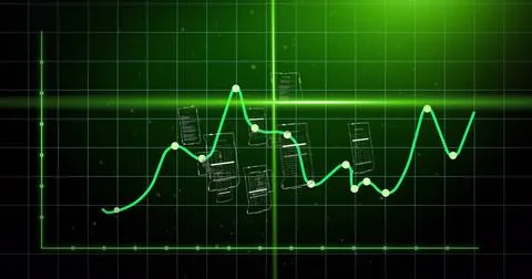 Image of green graph and scanner beams over interfaces processing data on dark 写真素材
