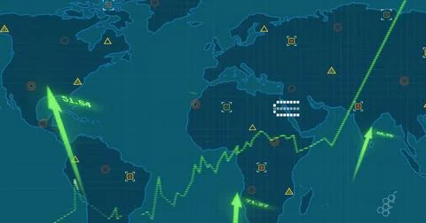 Image of green graph with upward arrows and data processing over blue world map Illustrazione stock