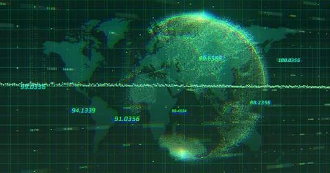 Image of green graphs and globe rotating on green world map in background Stock Illustration