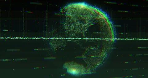 Image of green graphs and globe rotating on black background Stock Illustration