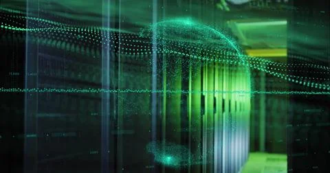 Image of green graphs and globe over servers 스톡 사진