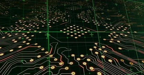 Image of green grid over transferring data on glowing motherboard 스톡 일러스트