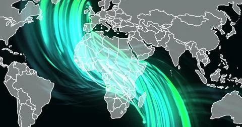 Image of green light trails and world map over black background Stock Illustration