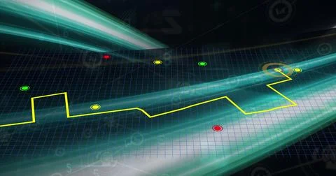 Image of green light trails over cyber security data processing against black Illustrazione stock