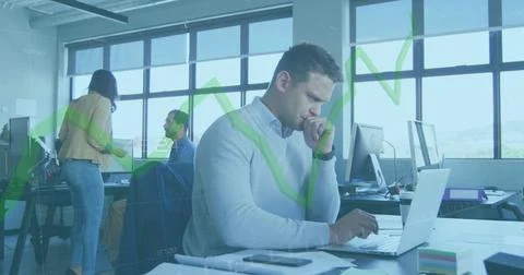 Image of green line and data processing over businessman Stock Photos