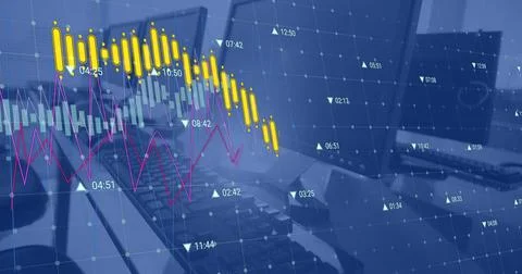 Image of green line and data processing over computers on desk in office Stock Photos