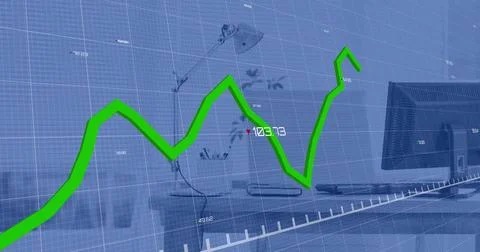 Image of green line and data processing over computer on desk in office Stock Photos
