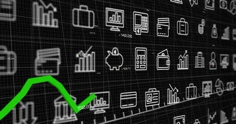Image of green line, digital data processing over business icons Stock Photos