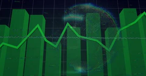 Image of green line, financial data processing over grid background 스톡 사진
