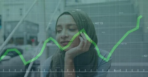 Image of green lines financial data processing over biracial woman Stock Photos
