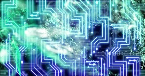 Image of green mesh, data processing over computer circuit board Stock Illustration