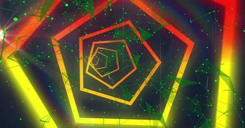 Image of green network over red and yellow hexagon tunnel on dark background Illustrazione stock