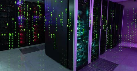 Image of green numbers falling over servers Illustrazione stock