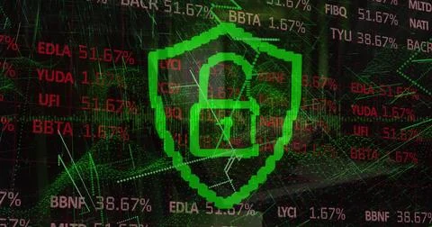 Image of green padlock and data processing over connections Foto stock