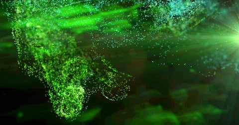 Image of green particle cloud and light moving on black background Stock Illustration