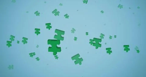 Image of green pieces of puzzle falling on blue background Stock Illustration