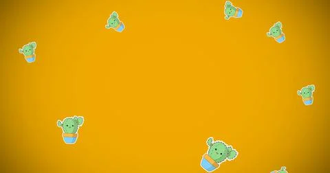 Image of green potted cacti with faces falling on yellow background Stock Illustration