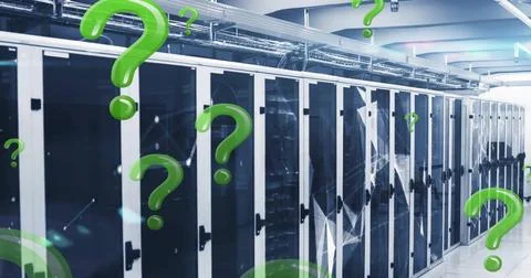 Image of green question marks and data processing over computer servers Stock Illustration