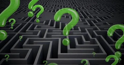 Image of green question marks floating over grey maze Stock Photos