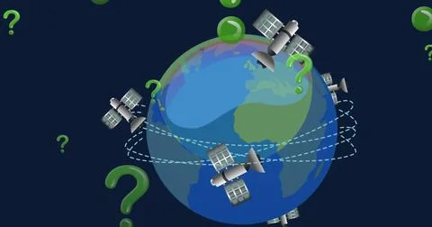 Image of green question marks, satellites and globe spinning on blue background 스톡 일러스트