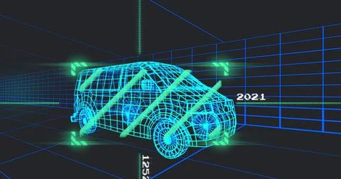 Image of green scanner over 3d van model moving seamless pattern in a tunnel on Stock Illustration