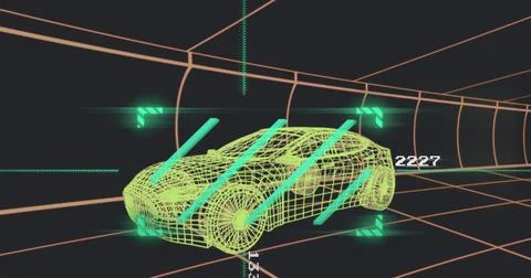 Image of green scanner over 3d car model moving seamless pattern in a tunnel on イラスト素材
