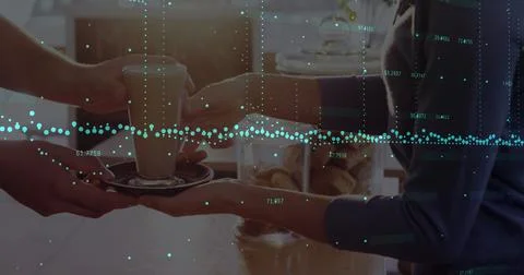 Image of green sports with data processing over woman getting coffee in coffee Stock Illustration