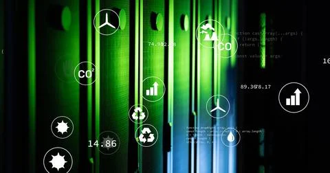 Image of green technology icons, coding over data server racks Stock-Fotos