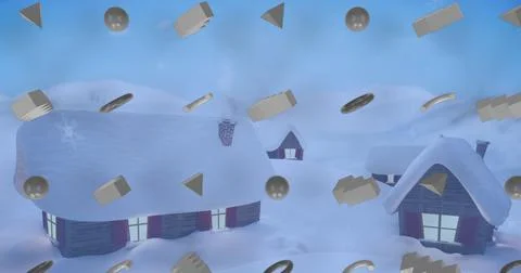 Image of grey abstract shapes in seamless pattern and snow falling over winter Stock Illustration