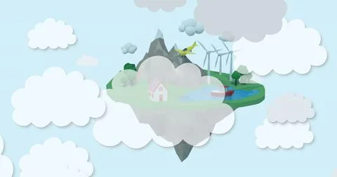 Image of grey and white clouds over globe with wind turbines on blue background イラスト素材