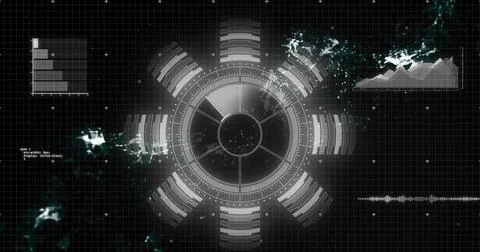 Image of grey circular scanner and processing data on interface with black 写真素材