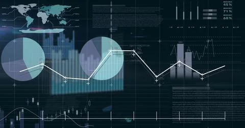 Image of grey graphs and charts processing data on black background Foto stock