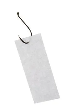 Image of grey rectangular paper sheet pierced by fishing hook Foto stock