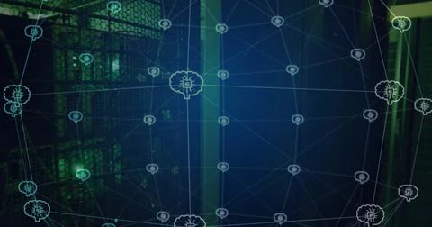 Image of grid network of ai brain icons rotating over dark computer server room 库存照片