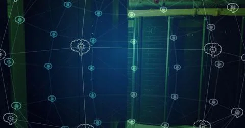 Image of grid network of ai brain icons rotating over dark computer server room 库存照片