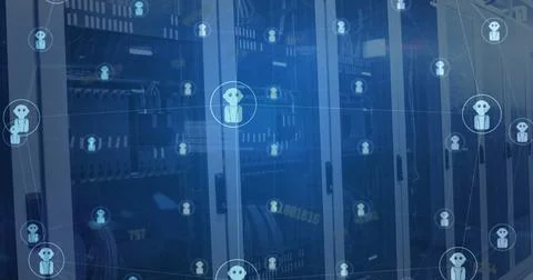 Image of grid network of chatbot icons rotating over computer server room Stock Photos